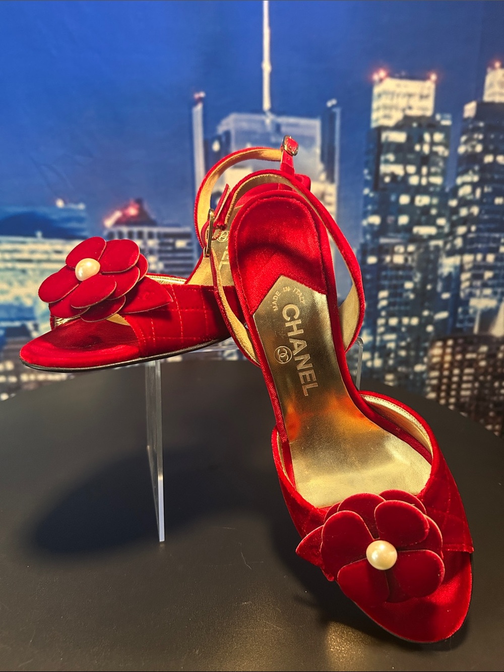 CHANEL Red Velvet Slingback Heels with Pearl Camellia
